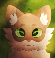 A drawing of a brown and white cat with green eyes smiling. The cat is in a forest, and is being lit by a ray of sunshine.